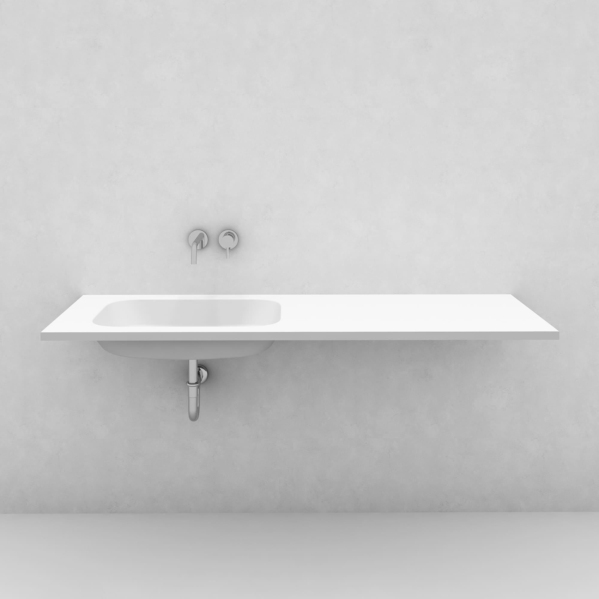 人工大理石の洗面カウンター T23 角丸600ボウル 壁水栓用 KB-PR014-01-G279 カウンター幅は最大W1750mmまで、ボウル位置もオーダーが可能です。天板下部は別途造作を手配してください。（画像はW1450）