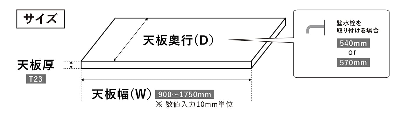 幅は10mm単位、奥行きは540mmまたは570mmの2種類から選べます