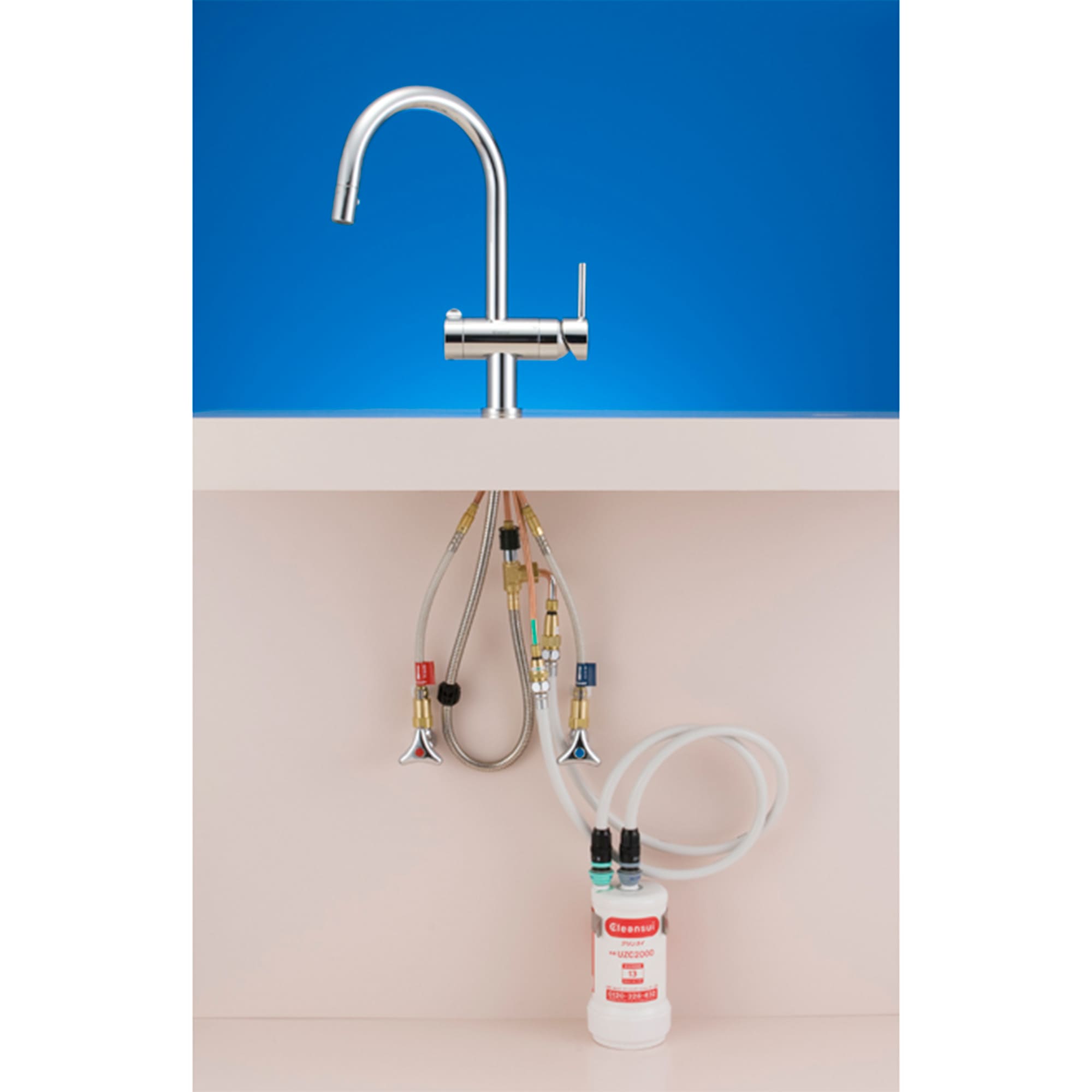 浄水器付き切替混合栓 グースネック クローム KB-PT002-15W-G201 シンク下はスペースに余裕を設けてください