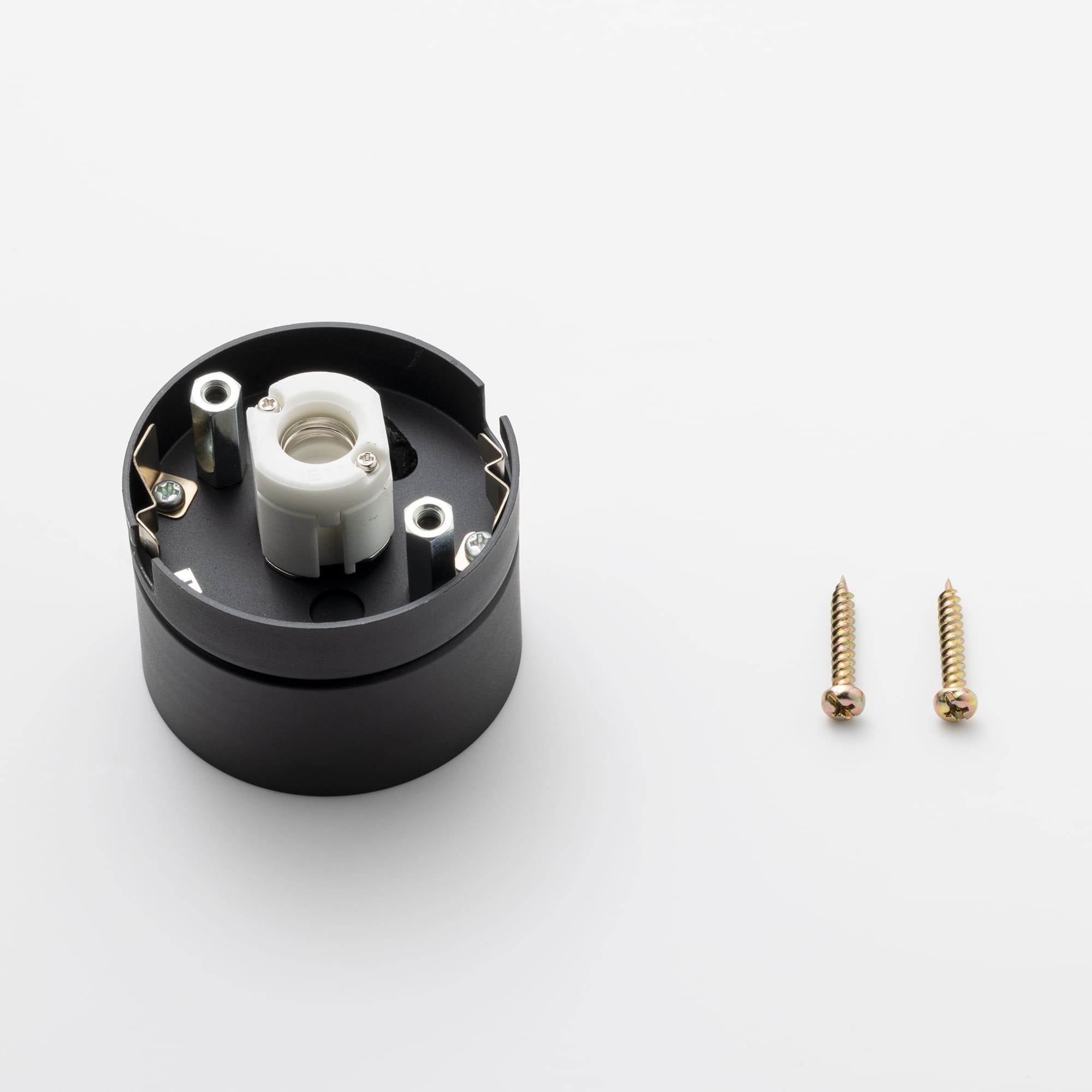 シーリングスポット ブラック LT-BR017-01-G141 ソケット部品と付属ビス（ソケットは筒の内側にすっぽり隠れます）