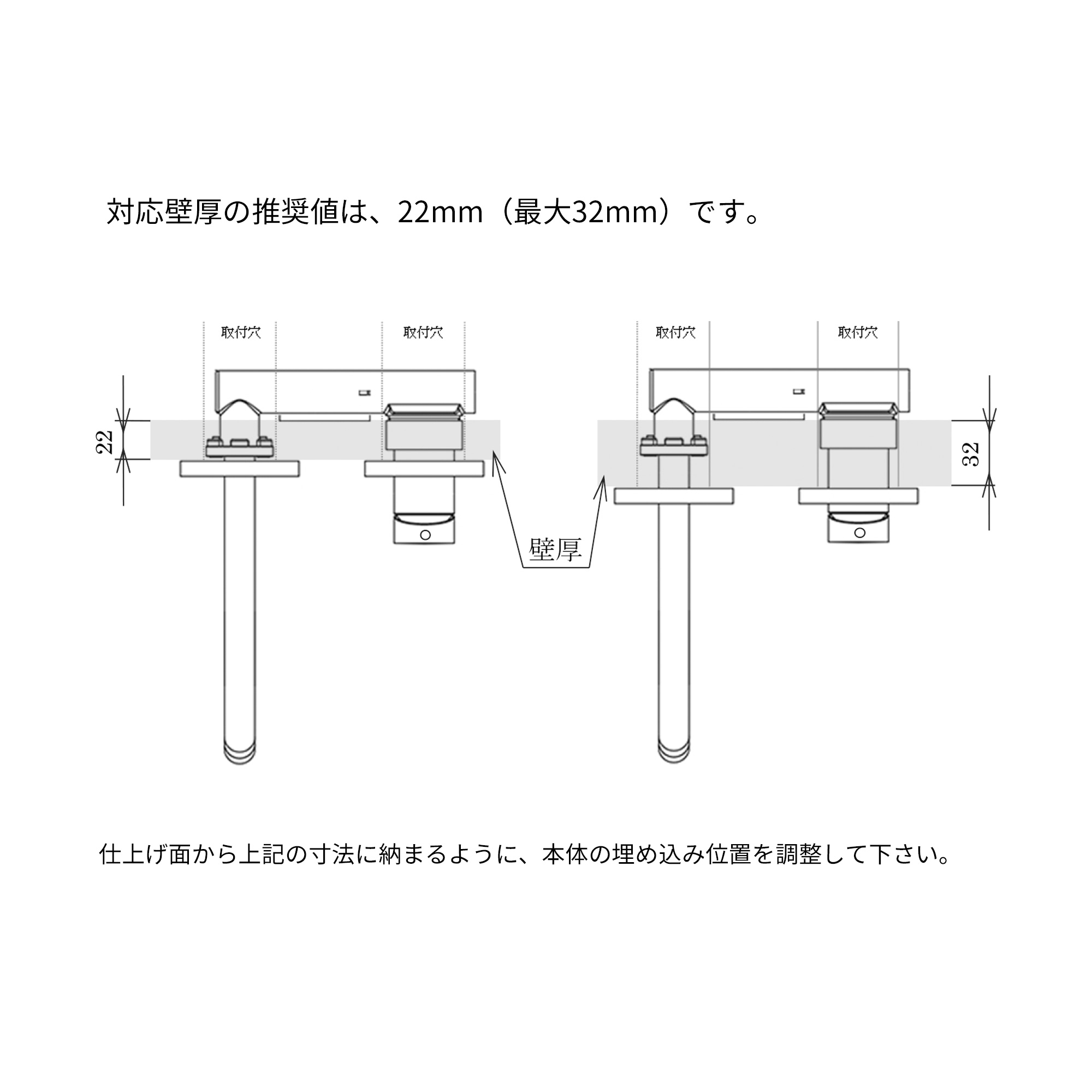 壁付けセパレート混合水栓 洗面用 クローム L178 KB-TP007-01a-G141 スパウトの長さは取付壁厚によって変わります。L178：L168〜L178（壁厚32〜22mm）、L248：L238〜L248（壁厚32〜20mm）