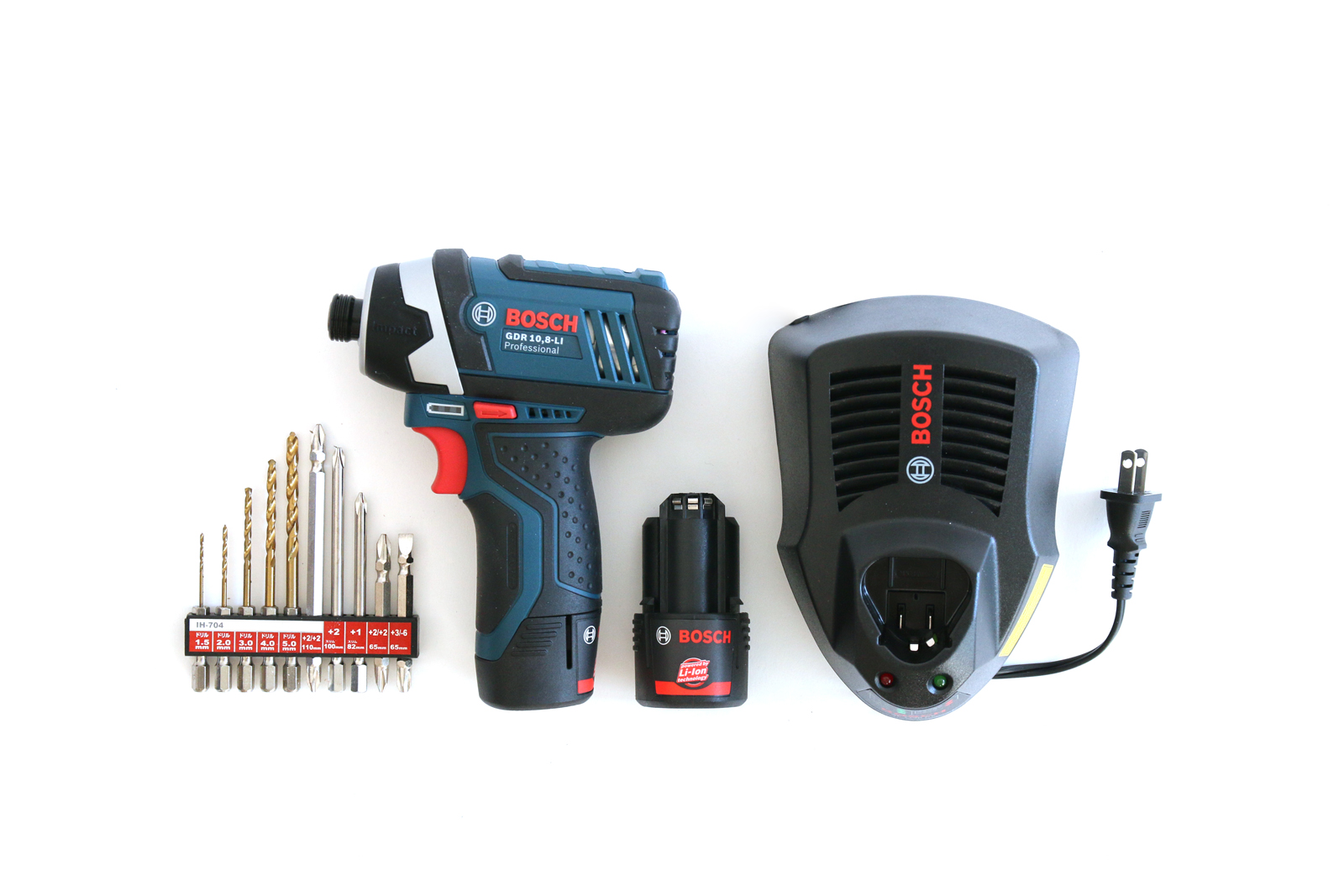 基本の道具工具 BOSCHインパクトドライバー（ビットパーツ付き） DM-TO003-17-G170 バッテリー2個、充電器、ビット・ドリルパーツ10点セット、キャリングケース付
